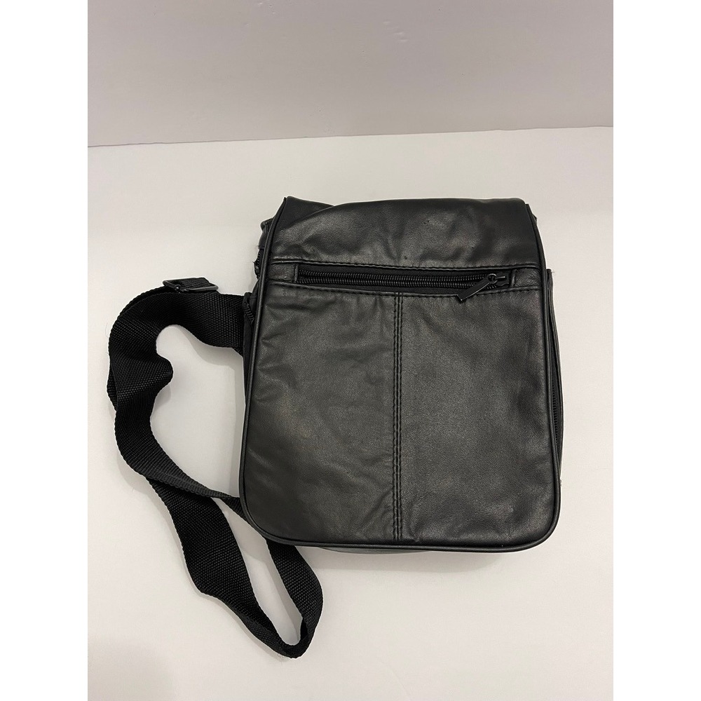 Genuine Leather Crossbody Messenger Bag Black Multi Pocket Adjustable StrapPurse